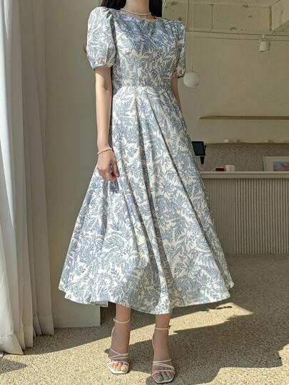 DAZY Vestido acampanado con estampado de plantas, mangas abullonadas y lazo en la espalda - Vestido vintage floral de verano