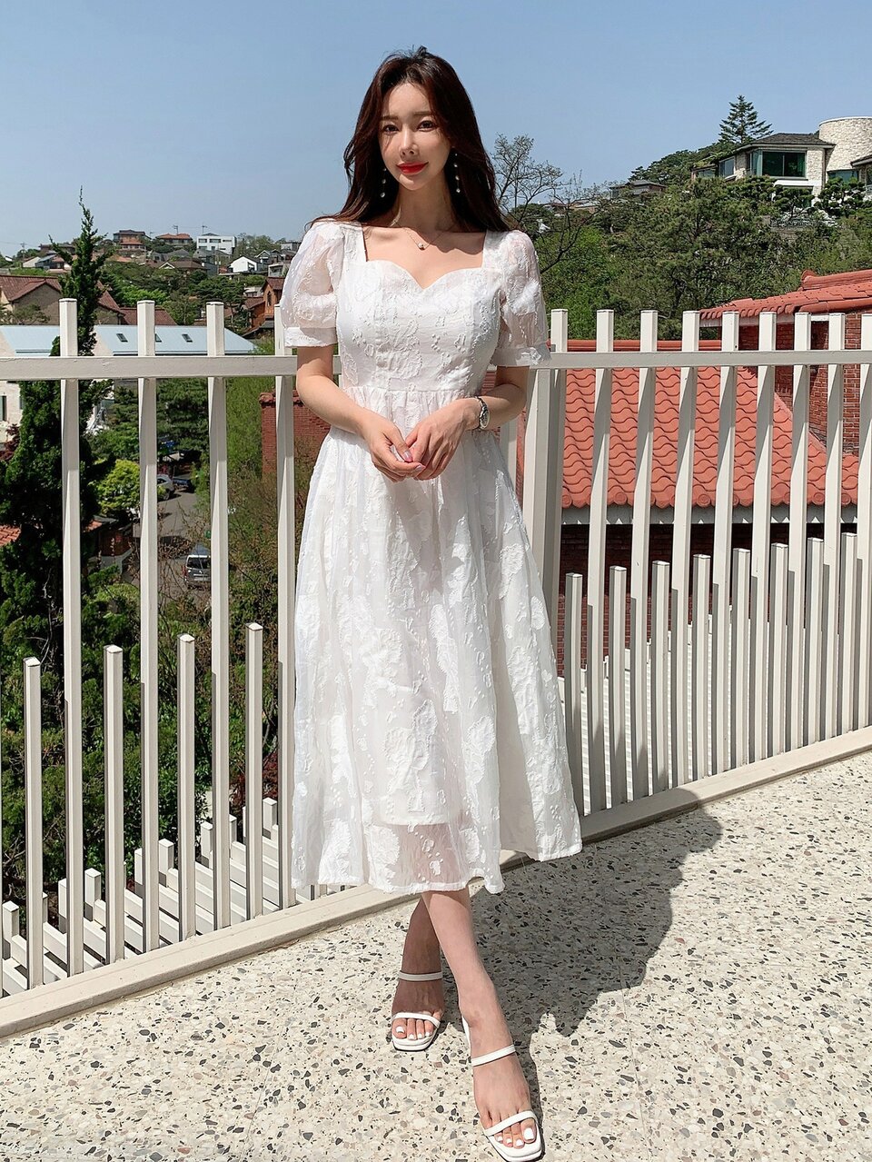 Jacquard Sweetheart Neck Puff Sleeve A-line Dress