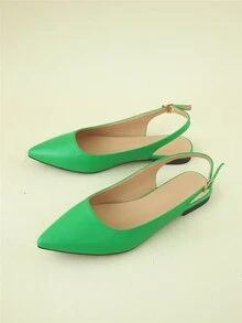 Buckle Detail Slingback Flats - Green - View 4