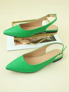 Buckle Detail Slingback Flats - Green - View 7