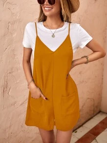 Pocket Patched Cami Romper Without Top - Orange - View 4
