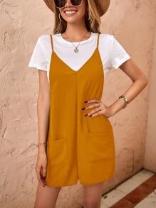 Pocket Patched Cami Romper Without Top - Orange - View 5