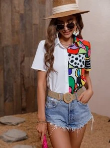 SHEIN LUNE 圖案印花前紐扣襯衫 - 彩色 - 查看 3