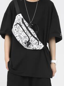 男士卡通圖案腰包胸包 - 白色 - 查看 1