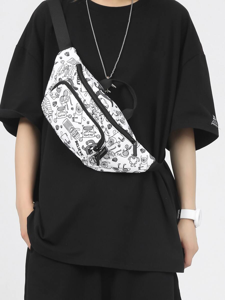 男士卡通圖案腰包胸包 - 白色 - 查看 1