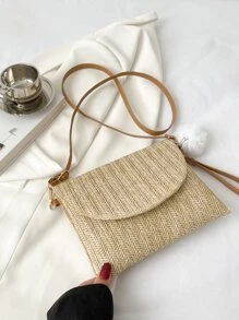 翻蓋草編包附包飾書包適用於青少年大學學生 - 卡其色 - 查看 2