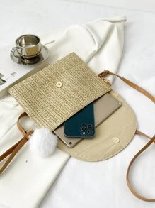 翻蓋草編包附包飾書包適用於青少年大學學生 - 卡其色 - 查看 6