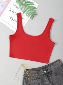SHEIN EZwear Rib-knit Crop Tank Top - Red - View 2