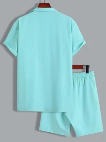 Manfinity Homme Men Solid Lapel Collar Shirt & Shorts Without Tee - Mint Blue - View 2