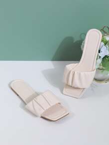 Women Ruched Detail Slide Sandals, Fashion White Flat Sandals - Beige - View 1