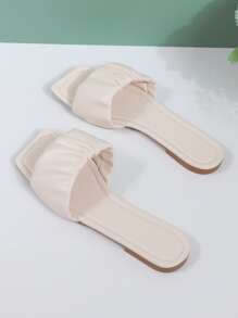 Women Ruched Detail Slide Sandals, Fashion White Flat Sandals - Beige - View 2