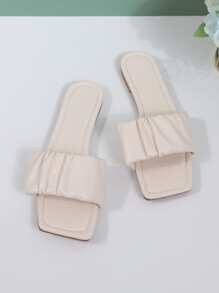 Women Ruched Detail Slide Sandals, Fashion White Flat Sandals - Beige - View 4