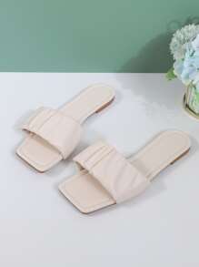 Women Ruched Detail Slide Sandals, Fashion White Flat Sandals - Beige - View 5