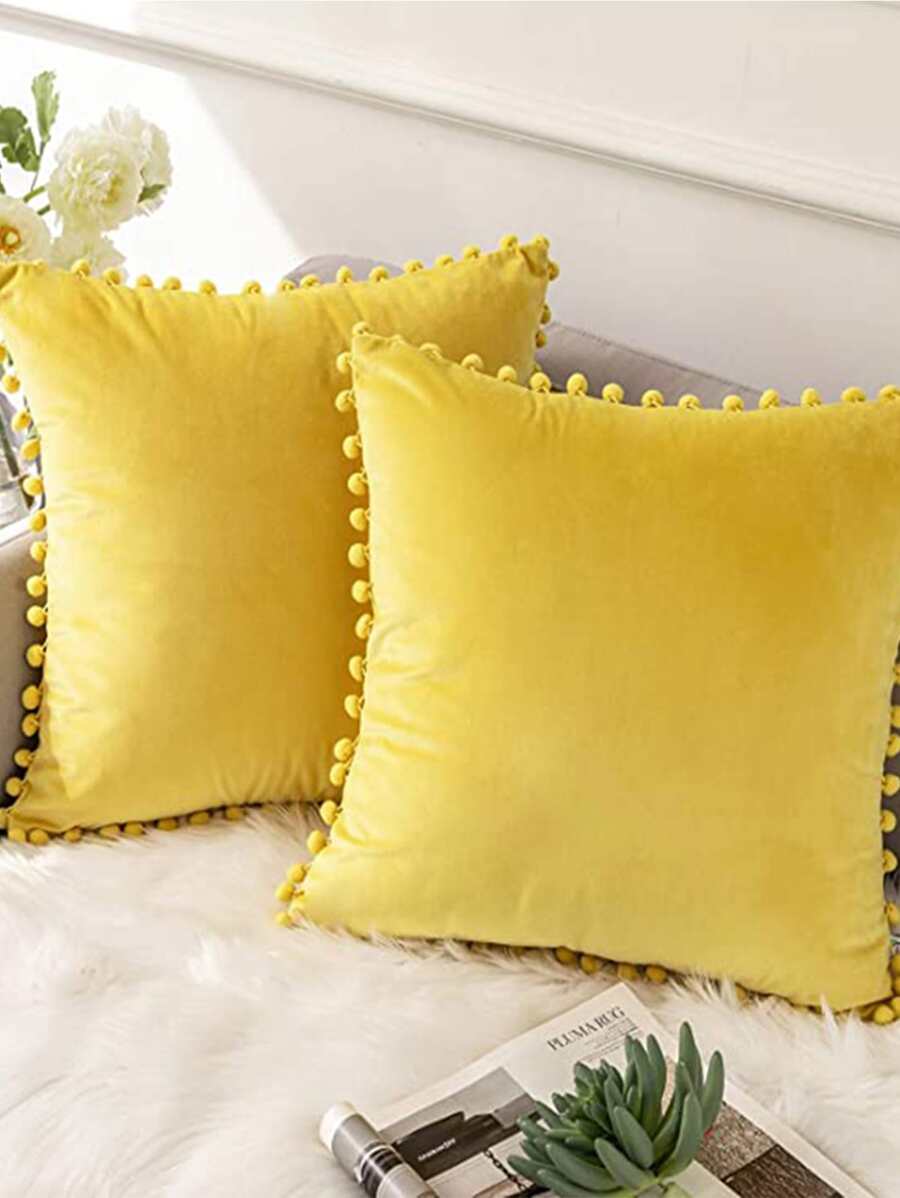 小絨球邊靠墊套不附帶墊芯 - 黃色 - 查看 1