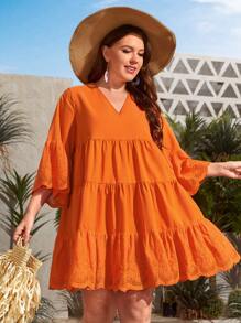 SHEIN VCAY Vestido smock con bordado con ojal de manga con volante bajo con fruncido - Naranja - Ver 4