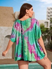 Plus Tie Dye Batwing Sleeve Tee - Multicolor - View 2