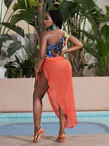 SHEIN Chain Print One Shoulder Ruffle Trim Bodysuit & Knot Side Skirt - Multicolor - View 2