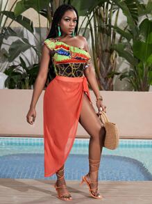 SHEIN Chain Print One Shoulder Ruffle Trim Bodysuit & Knot Side Skirt - Multicolor - View 4