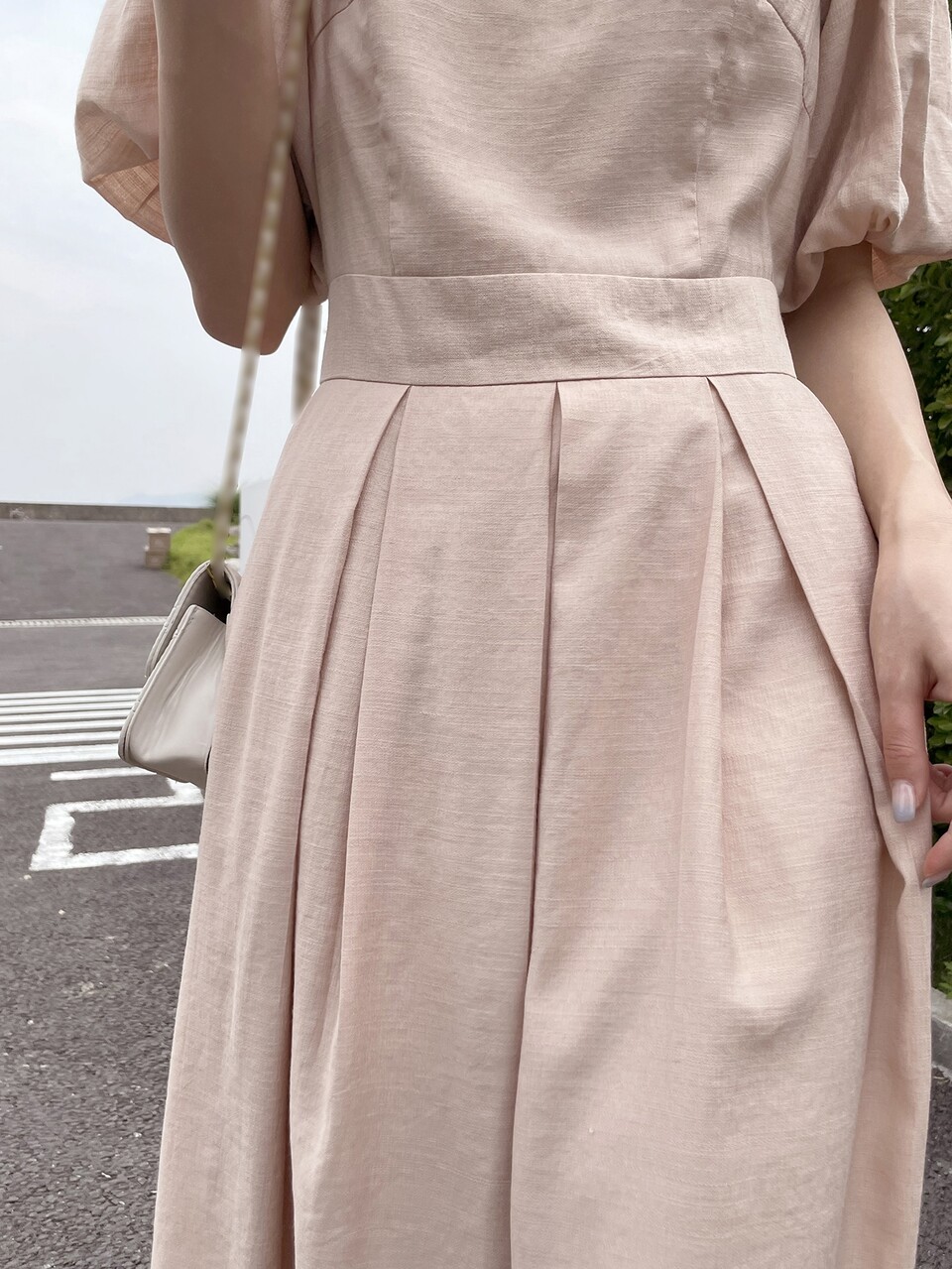 Plicated Detail Puff Sleeve Tie Back Dress