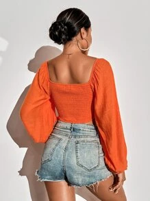 SHEIN SXY Frilled Sweetheart Neck Tie Front Ruched Bust Lantern Sleeve Shirred Blouse - Orange - View 2