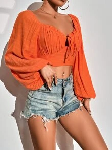 SHEIN SXY Frilled Sweetheart Neck Tie Front Ruched Bust Lantern Sleeve Shirred Blouse - Orange - View 3