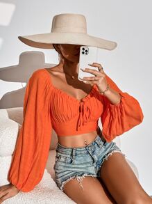 SHEIN SXY Frilled Sweetheart Neck Tie Front Ruched Bust Lantern Sleeve Shirred Blouse - Orange - View 5