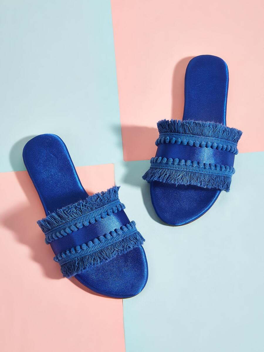 魅力四射涼鞋適用於女士絨球裝飾流蘇邊緞面涼拖 - 藍色 - 查看 1