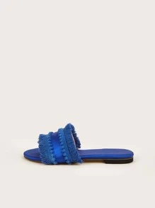 魅力四射涼鞋適用於女士絨球裝飾流蘇邊緞面涼拖 - 藍色 - 查看 3