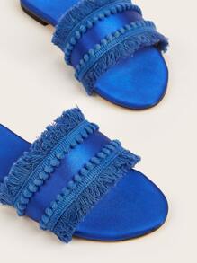 魅力四射涼鞋適用於女士絨球裝飾流蘇邊緞面涼拖 - 藍色 - 查看 4