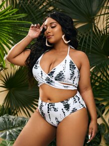 大尺碼3入組全印花交叉裝露背高腰比基尼套裝，夏日沙灘必備 - 黑與白 - 查看 3