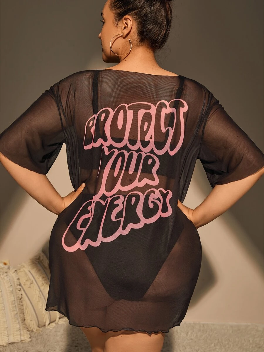 SHEIN Swim Curve Plus Slogan Graphic Lettuce Trim Cover Up Without Bikini - Black - View 1