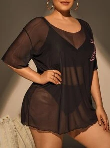 SHEIN Swim Curve Plus Slogan Graphic Lettuce Trim Cover Up Without Bikini - Black - View 4