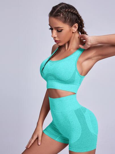 2 pièces Ensemble sport costume sans couture élasticité élevé yoga top sans manches short