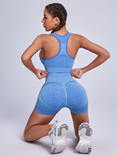 Conjunto de Yoga de alta elasticidad inconsútil, 2 piezas, traje deportivo, camiseta sin mangas con espalda de corredor, shorts que abrazan la cadera