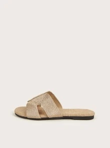 Women Woven Open Toe Flat Sandals, Slip-On Backless Slide Rope Sole Comfortable Summer Shoes, Beach Slippers Hollow-Out Casual Vacation Houseshoes