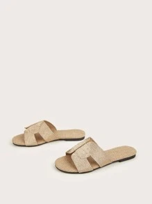 Women Woven Open Toe Flat Sandals, Slip-On Backless Slide Rope Sole Comfortable Summer Shoes, Beach Slippers Hollow-Out Casual Vacation Houseshoes