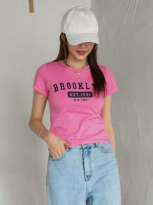 DAZY Letter Graphic Round Neck Tee - Hot Pink - View 4