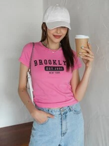 DAZY Letter Graphic Round Neck Tee - Hot Pink - View 5