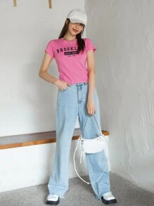 DAZY Letter Graphic Round Neck Tee - Hot Pink - View 7