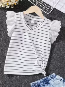 SHEIN 少女條紋繡花飾邊v領t恤 - 白色 - 查看 1