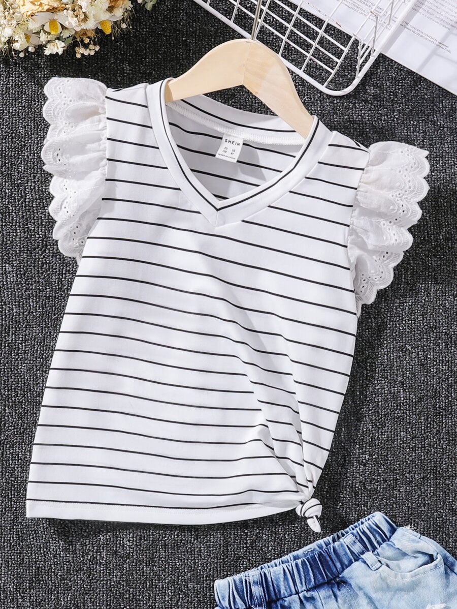 SHEIN 少女條紋繡花飾邊v領t恤 - 白色 - 查看 1
