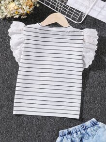 SHEIN 少女條紋繡花飾邊v領t恤 - 白色 - 查看 2
