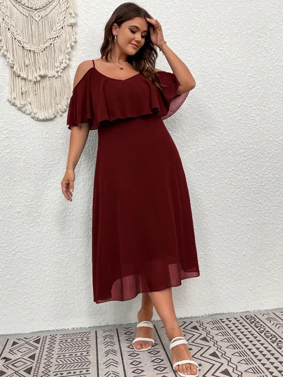 cold shoulder midi dress plus size Women's Plus Size Cold Shoulder Short Sleeve Asymmetrical Ruffle Maxi  Dresses with Side Pockets