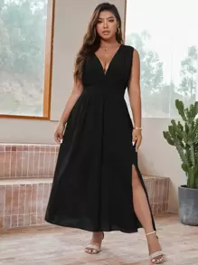 SHEIN Belle Đầm Plus Size Lộ Lưng Tách cao màu trơn Gợi cảm - màu đen - Xem 3