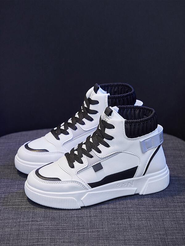 Letter Tape Decor High Top Skate Shoes, High Top Flat Sneakers For Women, Casual Athletic Shoes In Black & White Color Blocking