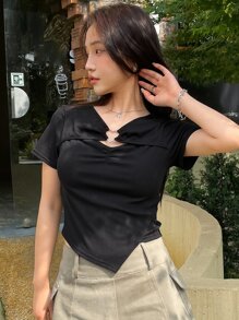 DAZY Áo thun hở vai họa tiết trái tim, áo crop top nữ - màu đen - Xem 4