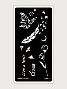 1 hoja Plantilla de tatuaje con estampado de mariposa y pluma - Negro - Ver 1