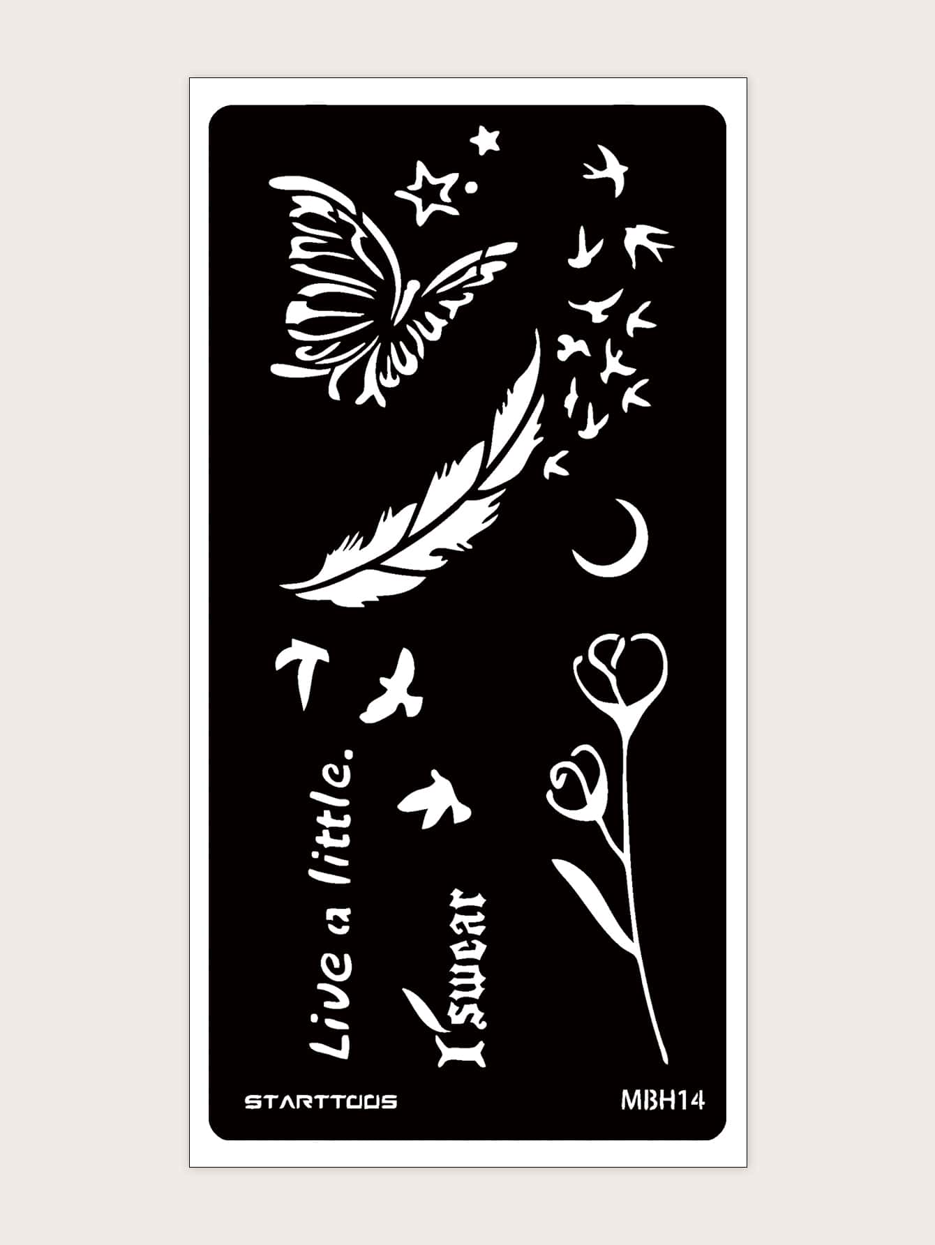 1 hoja Plantilla de tatuaje con estampado de mariposa y pluma - Negro - Ver 1
