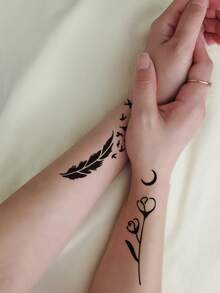 1 hoja Plantilla de tatuaje con estampado de mariposa y pluma - Negro - Ver 2