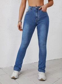 SHEIN EZwear Bleach Wash Flare Leg Jeans - Medium Wash - View 2
